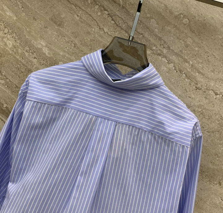 STRIPED FEATHER TRIM CROPPED SHIRT