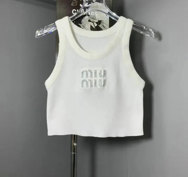 EMBELLISHED LOGO RIBBED CROP TANK
