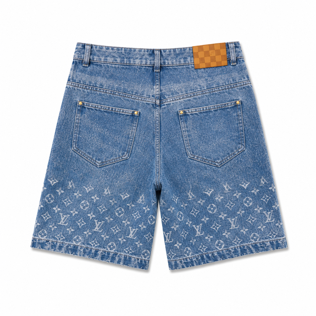 LIGHT WASH MONOGRAM PRINT DENIM SHORTS