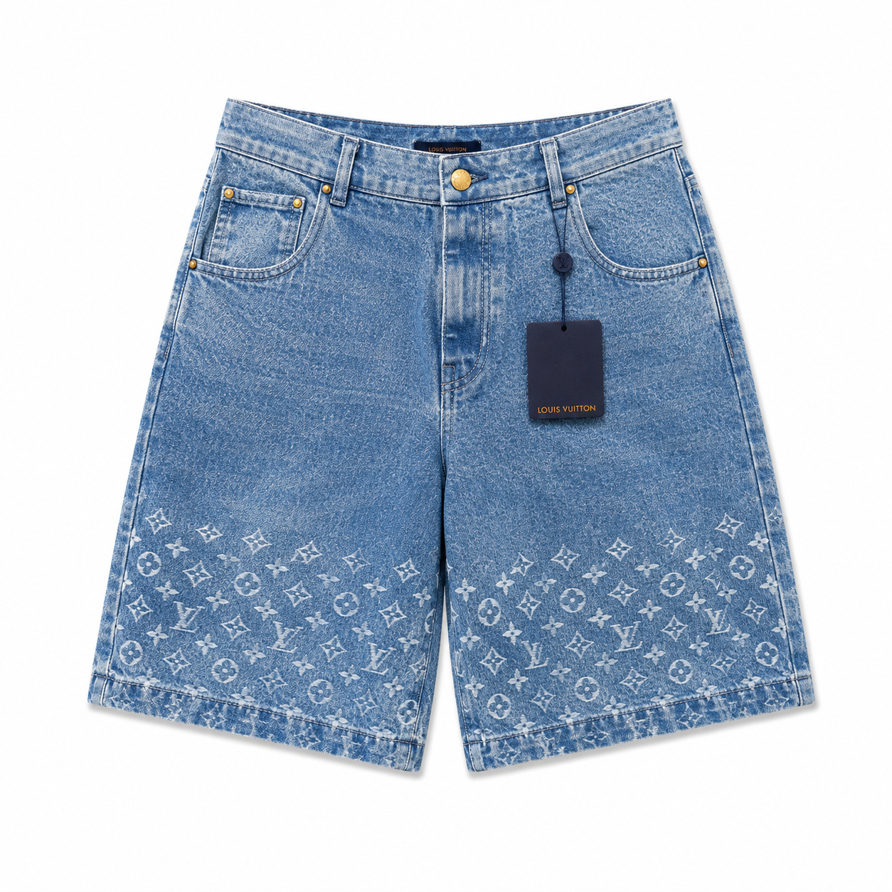 LIGHT WASH MONOGRAM PRINT DENIM SHORTS