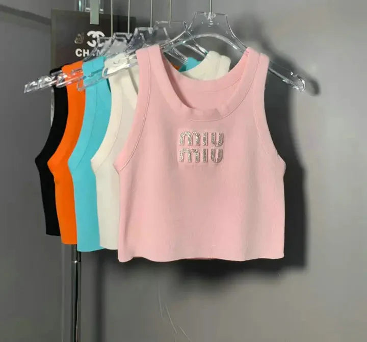 EMBELLISHED LOGO RIBBED CROP TANK