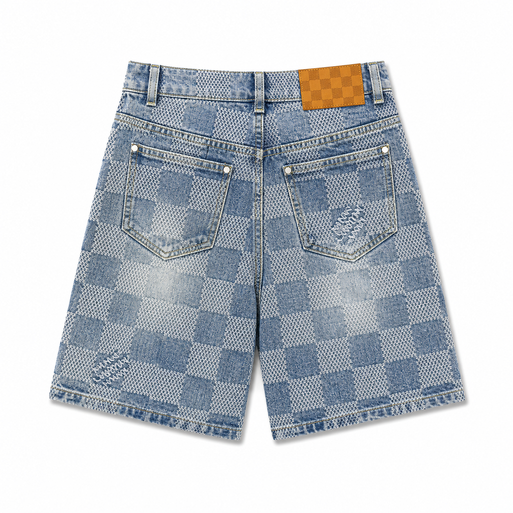 CHECKERED WASHED DENIM SHORTS