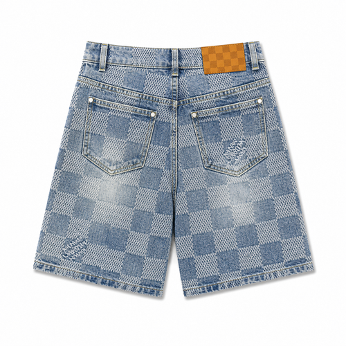 CHECKERED WASHED DENIM SHORTS