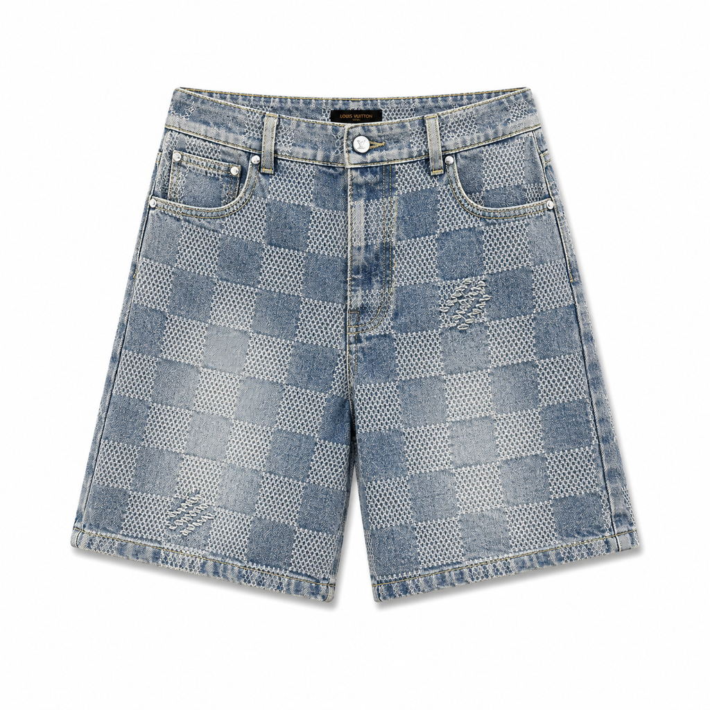 CHECKERED WASHED DENIM SHORTS