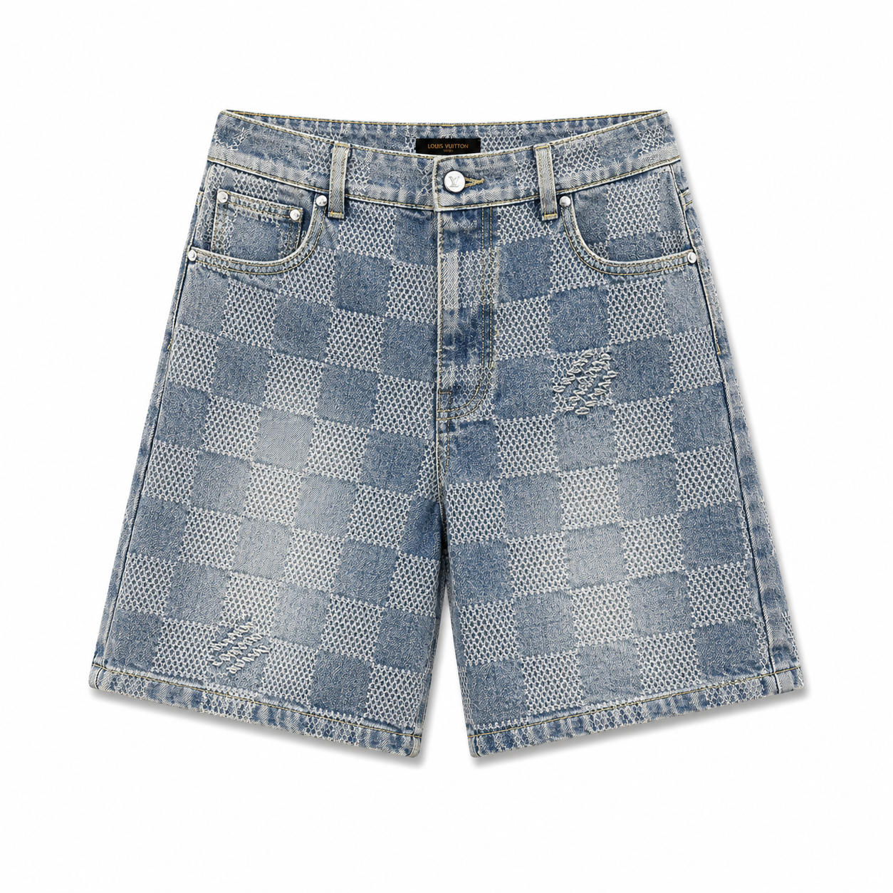 CHECKERED WASHED DENIM SHORTS