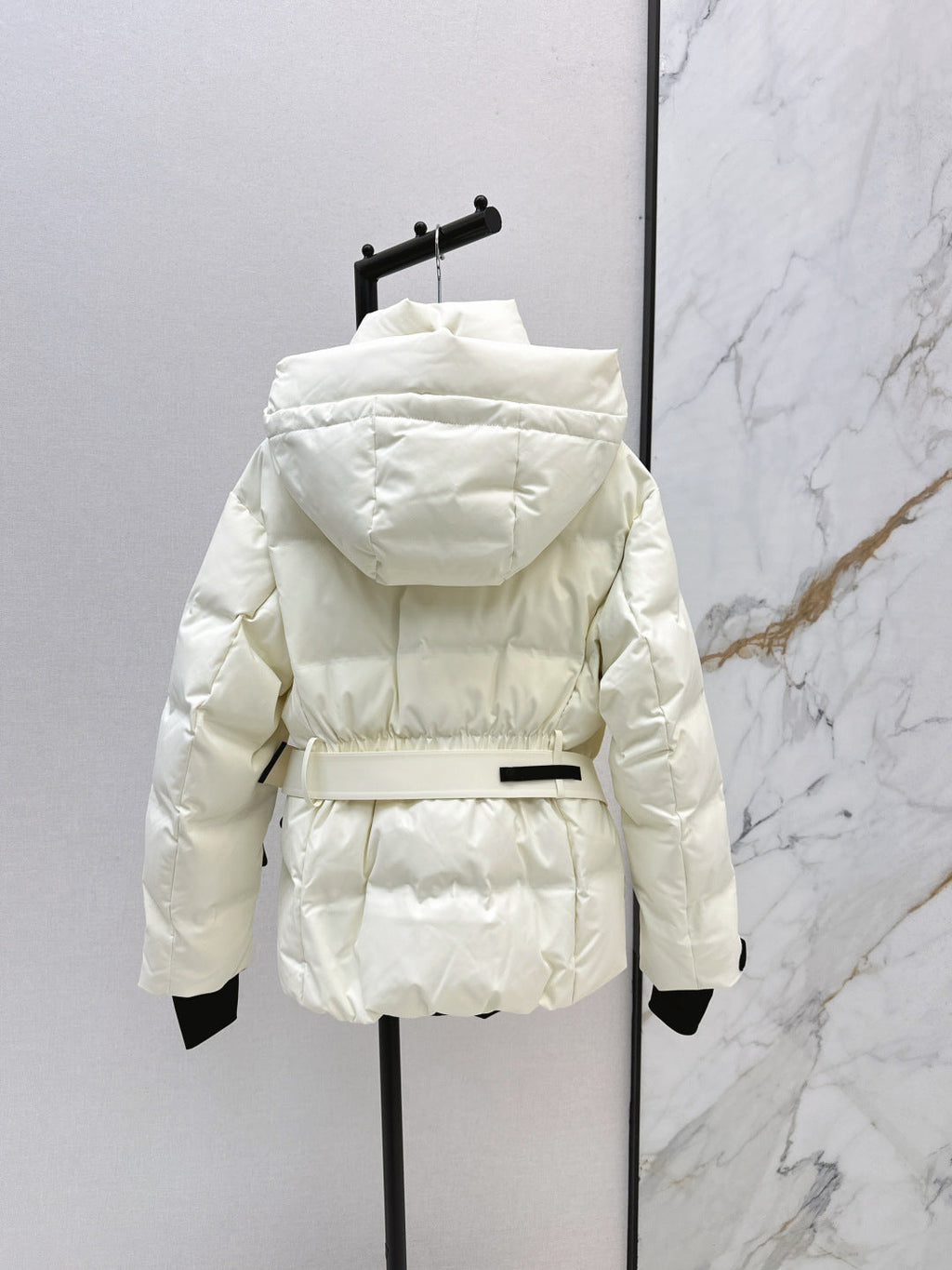 BELTED HOODED QUILTED PUFFER JACKET